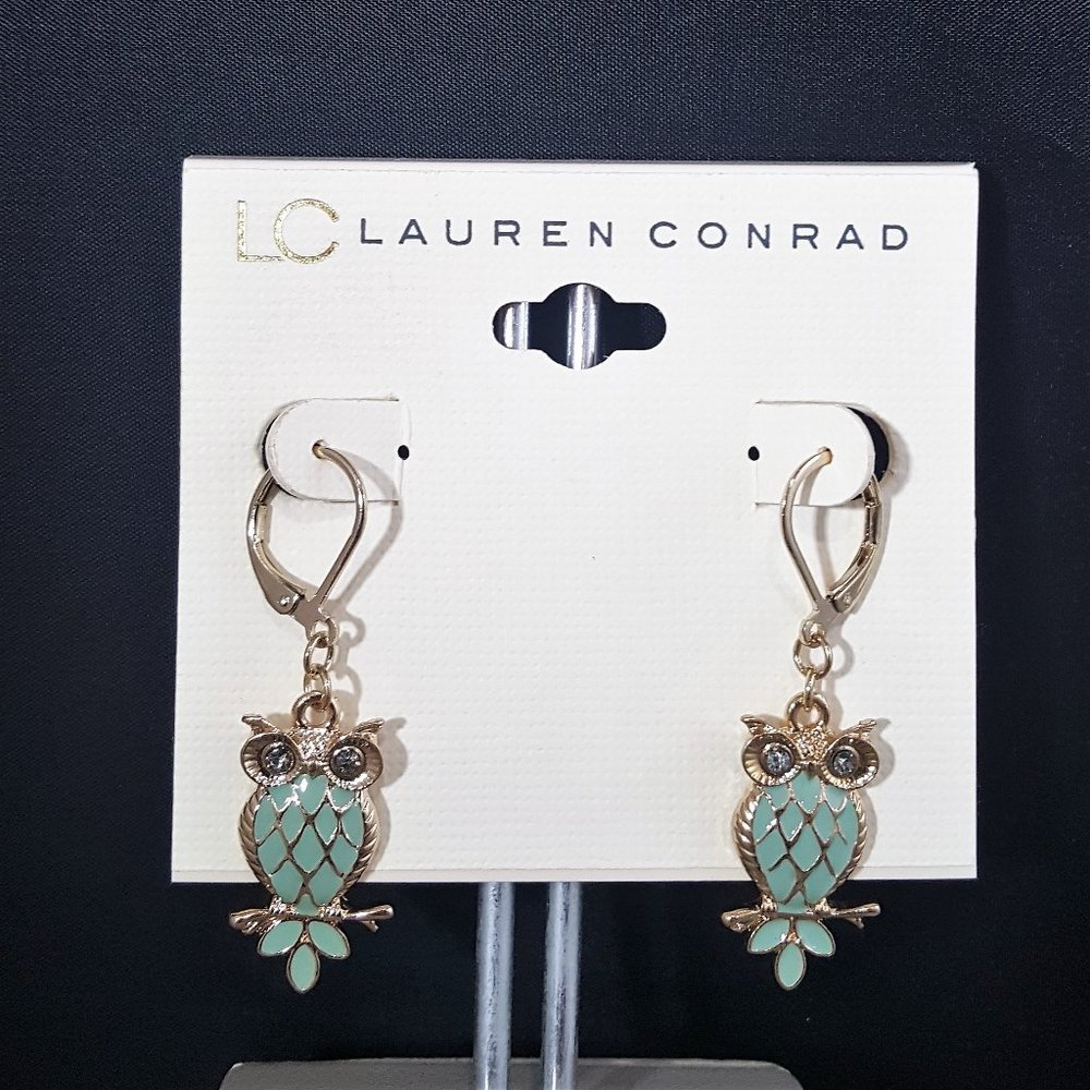 LC Lauren Conrad Women's Gold Plated Enamel Owl Lever Back Dangle Earrings NWT